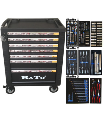 BATO Værktøjsvogn med 7 skuffer. 3 skuffer med 132 dele værktøj. Model 9107-132. Sort