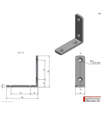 Roca vinkelbeslag 50x50x15mm skrue 3,6mm RF304