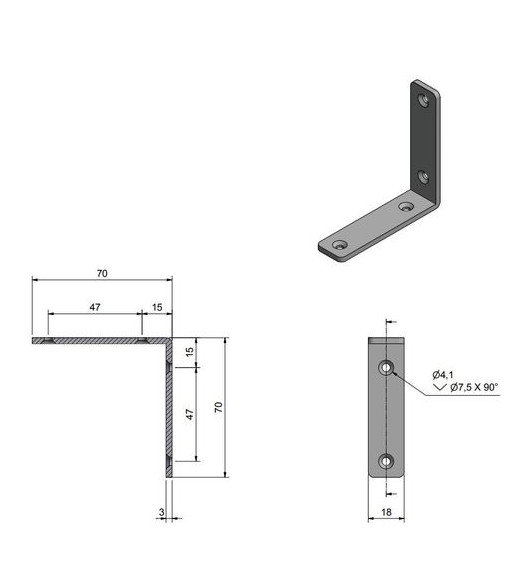 Roca vinkelbeslag 70x70x18mm skrue 4,1mm RF304